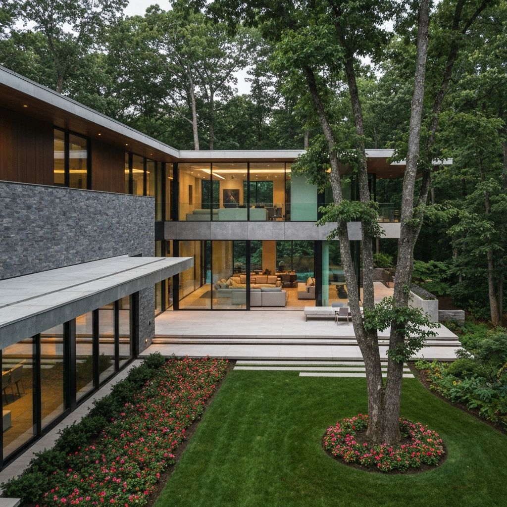 Casa moderna de luxo cercada por arvores